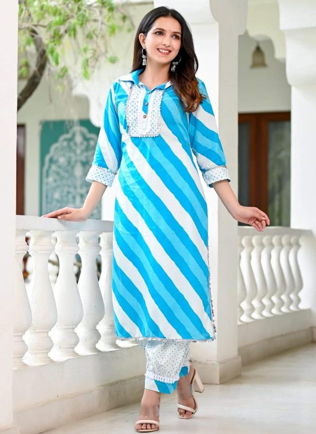 Cotton Sky Blue Casual Wear Printed Kurti With Pant